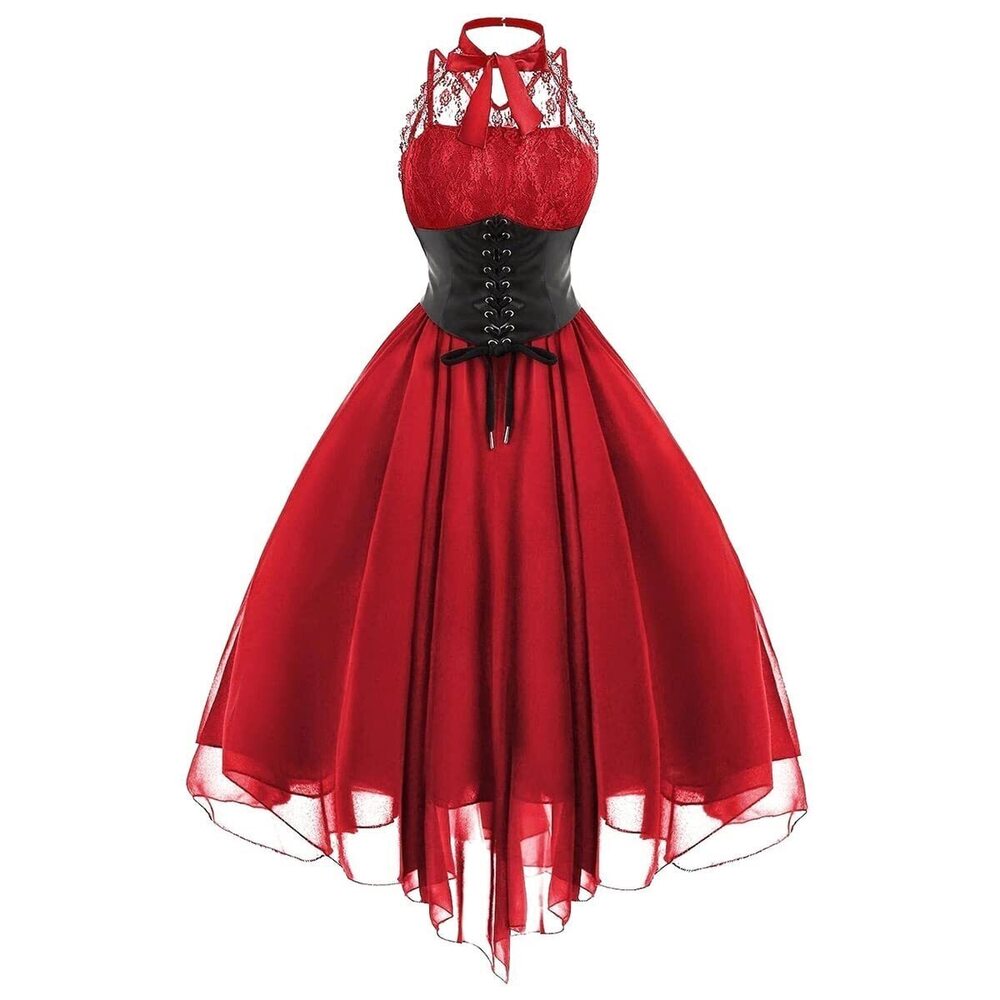 3505 Sleeveless Gothic Dress with Corset Halter Floral Lace up Swing